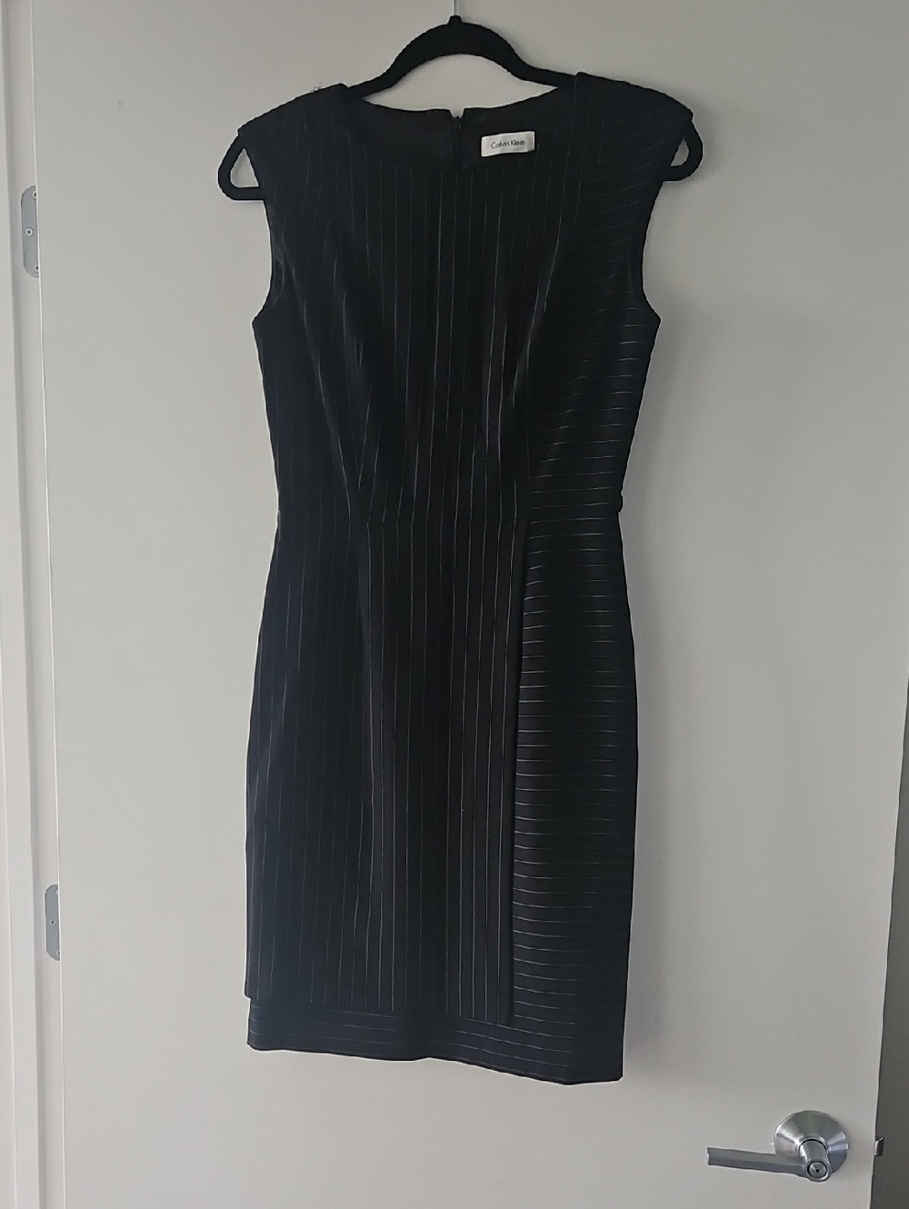 Calvin Klein Black Pinstripe Cap-Sleeve Sheath Dress
